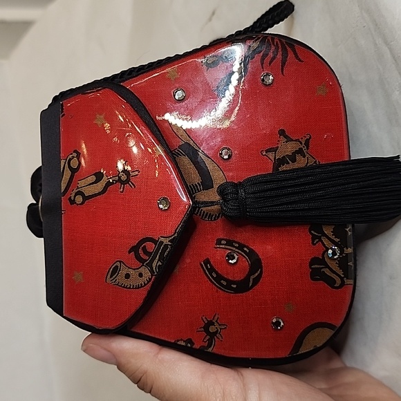 Vtg‎ Angela Frascone Black Red Satin Resin Purse Western Motif tassel bling - Picture 7 of 7